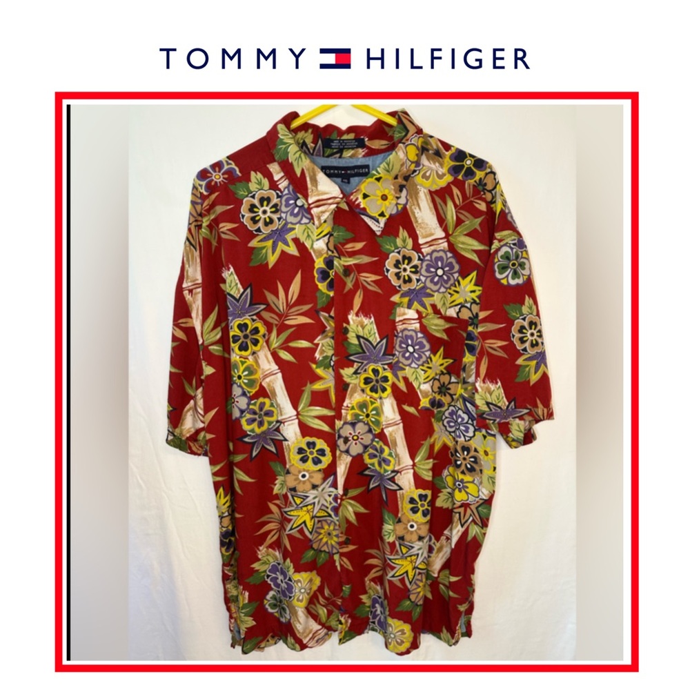 Tommy Hilfiger Shirt Tropical Short Sleeve Sz XL Mens Red Gold Hawaiian #642